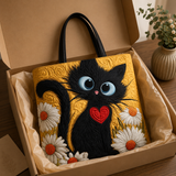 Handmade bag - Black cat with daisies